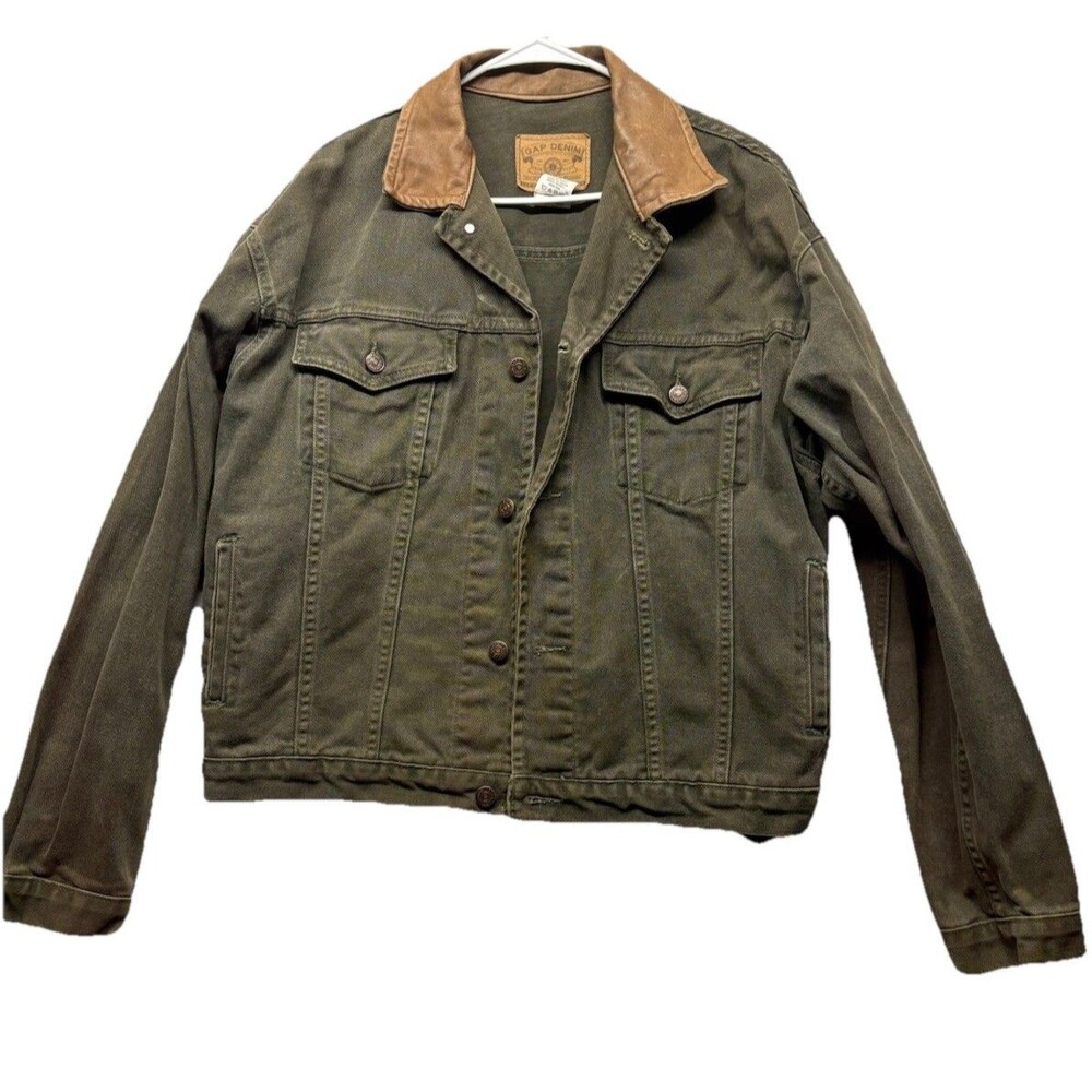 Vintage 90s GAP Denim Jacket Leather Collar Men's Size Large Green Trucker